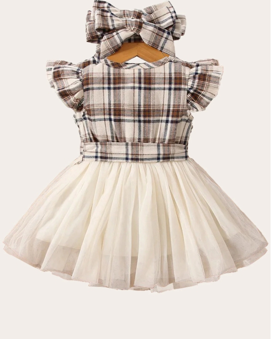 Checked Printed Baby Girl Frock with Bow for Kid Girls-Brown / 12 - 18 Months