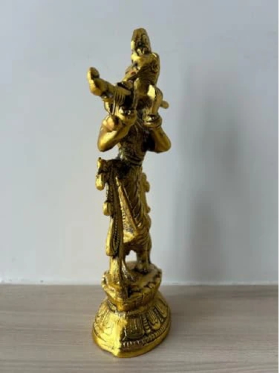 Aarna Creations Hand Carved Metal Krishna with Basuri| Beautiful Krishna with Basuri & Ghungru/Bells | Antique Golden Krishna Idol | Krishna