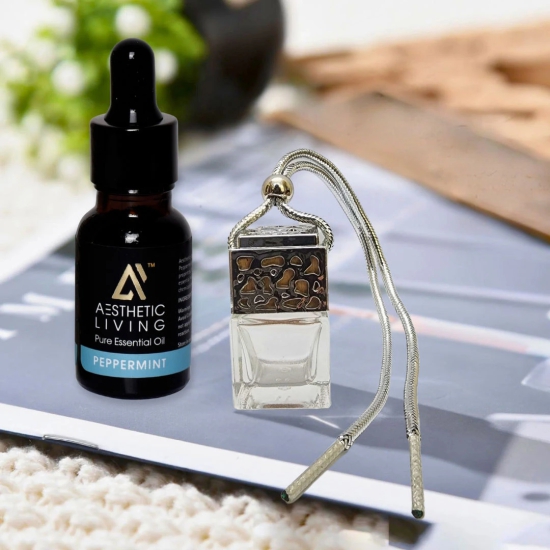 Aesthetic Living Car Aromatizer/ Diffuser Bottle with Essential Oil (Square Gold/Silver Shape-10 ml+ Peppermint Essential Oil, 15 ml)