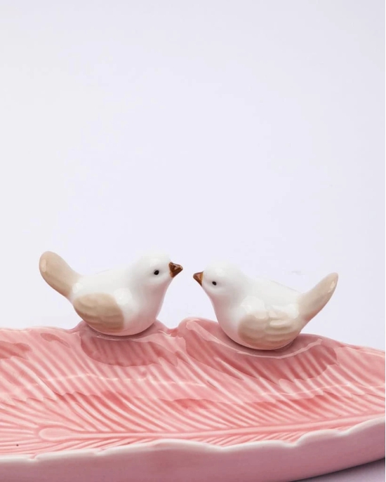 Jewellery Holder Tray, Crafted Bird, for Dressing Table, Ring Dash, Rectangular, Pink, Ceramic