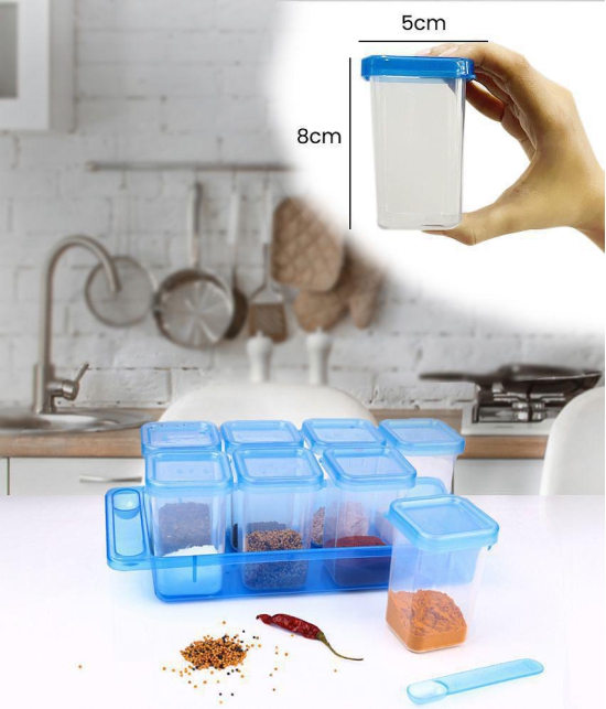 Gluman Mini Masala Container Set of 8 with Tray & Spoon (120ml each), Blue Color - Blue