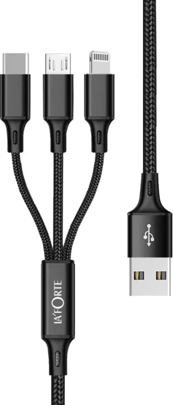 LA' FORTE 3 in 1 Premium Nylon Braided and Superior 1.2 M (Compatible with Micro USB, Type C, and Iphone  White, One Pcs)