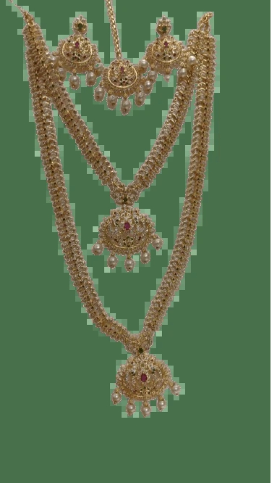  Bridal Gold Plated Haram Necklace Set With Earrings and Maang Tikka