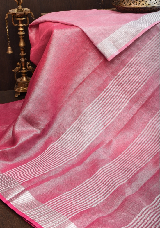 Pink and Baby pink Ombre Silver Tissue Linen Saree with Silver Ribbed Borders