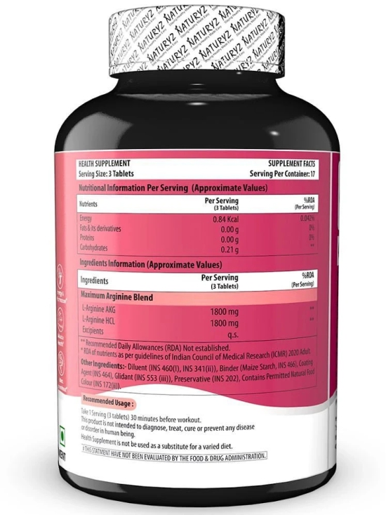 NATURYZ Triple Strength L-Arginine 3600mg Pre Workout Supplement For Pump & Performance - 50 Tablets