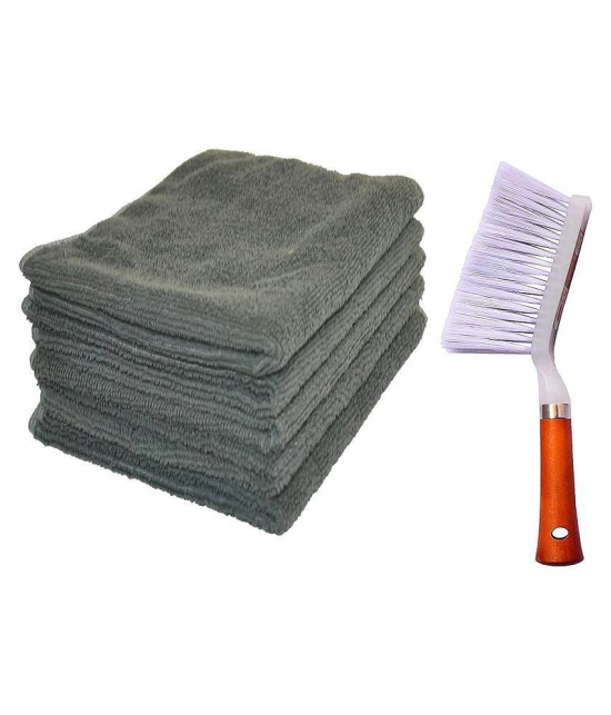 INGENS Combo of Car and Carpet Cleaning Brush and Microfiber Cleaning Cloths,40x40cms 250GSM Highly Absorbent, Lint and Streak Free,Wash Cloth for Car, Window Grey(Pack of 5 Cloth and 1 Brus