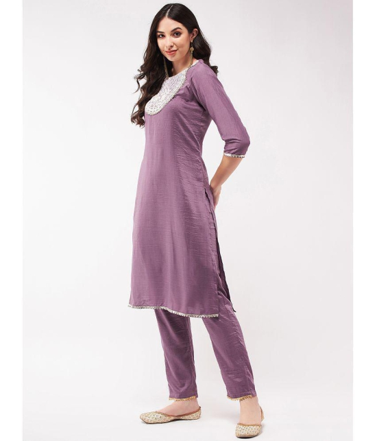 Pannkh - Purple Art Silk Womens Straight Kurti ( Pack of 1 ) - None