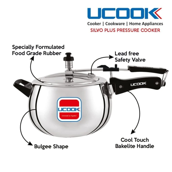 UCOOK By UNITED Ekta Engg. Silvo Plus 5 Litre Bulging Shape Aluminium Inner Lid Induction Pressure Cooker, Silver