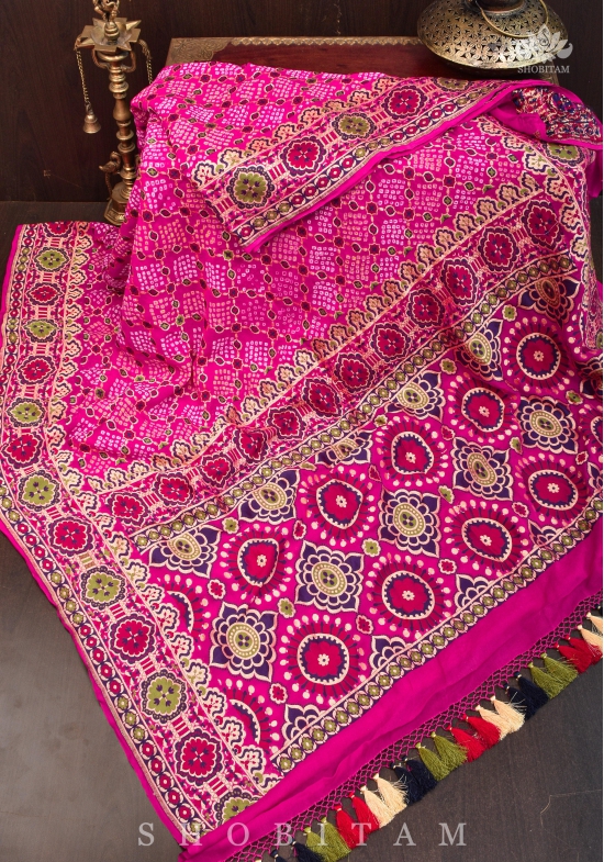 Exclusive Design Multi - Meenakari Jaal Pure Georgette Banarasi Saree with Authentic Hand Bandhej in Pink | SILK MARK CERTIFIED