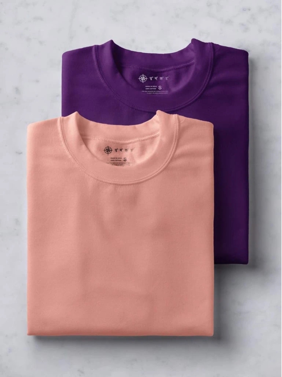 Deep Purple & Sunset Pink Half Sleeve Round Neck Cotton Plain Regular Fit Pack of 2 combo T-Shirt for men by Ghumakkad