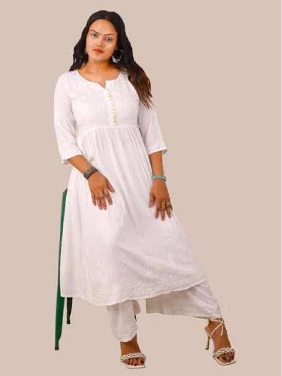 Pravia Lucknowi Chikankari Hand Embroidered White Long Gown Kurti Set with Hand Embroidered Palazzo for Girls & Women