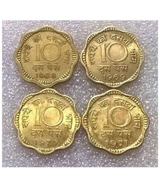 1968,1969,1970,1971- 10 Paise Brass Coin - Complete Set - 4 Years - Mixed Mints - Used & Good Condition - Multi