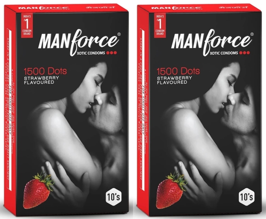 MANFORCE 3 in 1 Wild Ribbed Contour Dotted Strawberry Flavor Condoms - 10 Pieces x Pack of 2 Condom (Set of 2 20 Sheets)