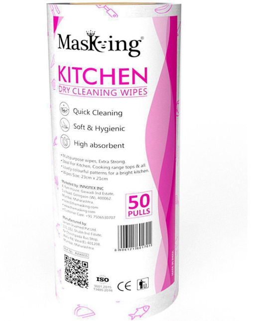 Masking Non-Woven Reusable & Washable Multi Surface Cleaner Wipes Kitchen Dry Wipes 23x21cm, 50 Pulls 180 g