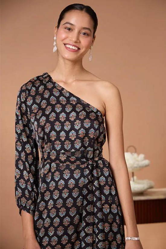 Okhai Garnet Gypsy Handblock Printed Modal Ajrakh One-Shoulder Dress-XXS