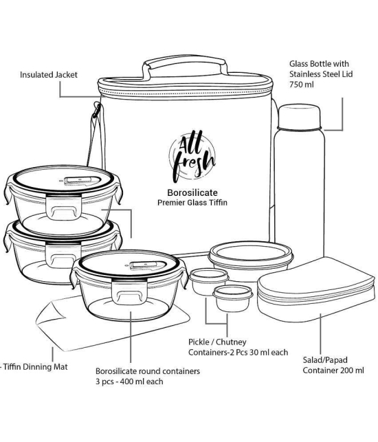 Treo by Milton All Fresh Premier Tiffin Set of 8 (3 - Containers, 400 ml Each; 1 - Steel Bottle, 750 ml; 2 - Pickle/Chutney Container, 30 ml Each; 1 - Salad/ Papad Container, 200 ml; 1 - Din