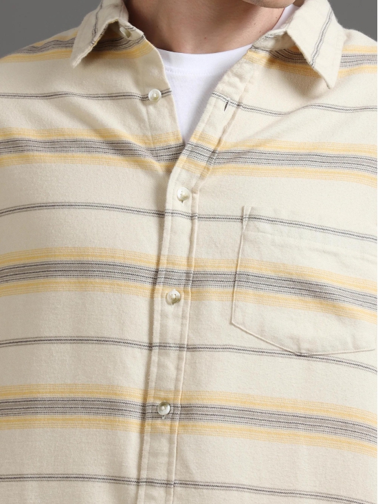 Premium Men Shirt, Relaxed Fit, Yarn Dyed Stripes, Pure Cotton, Full Sleeve, Beige-L / Beige