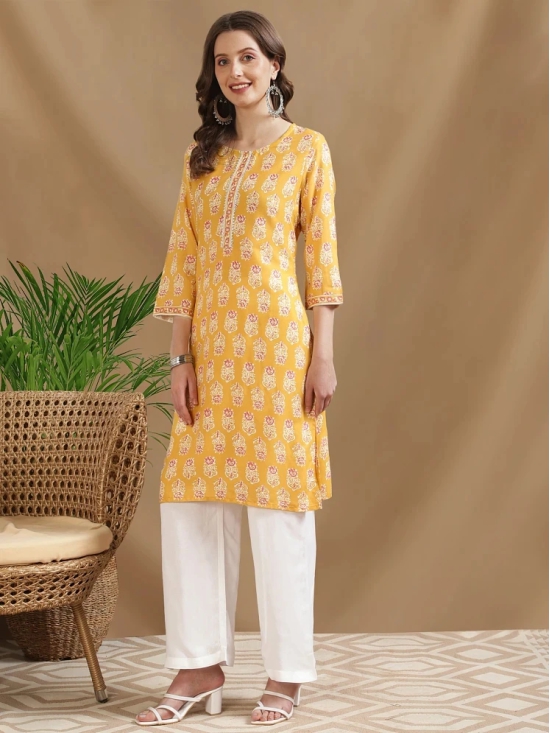 Rangita Women Yellow Rayon Printed Knee Length Straight Kurti - None