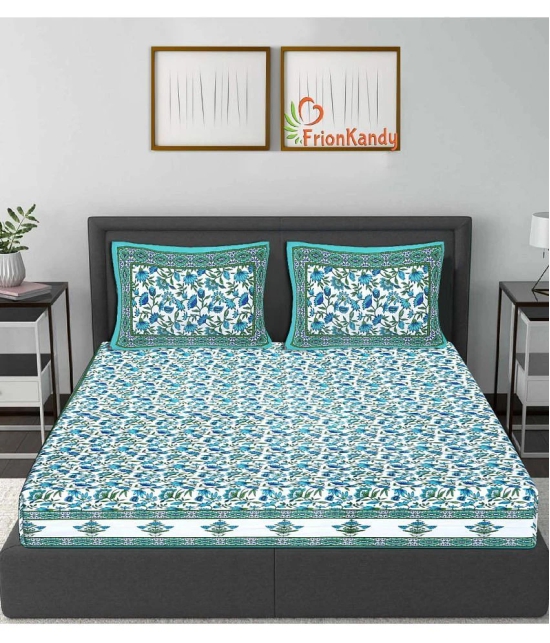 FrionKandy Living Cotton Abstract Double Bedsheet with 2 Pillow Covers - Turquoise - Turquoise