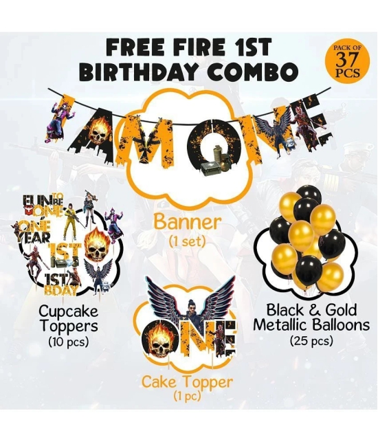 Zyozi Free Fire 1st Birthday Party Supplies, Free Fire Birthday for Boys with Happy Birthday Banner Cake Topper Cupcake Toppers Balloons(Pack of 37) - Black