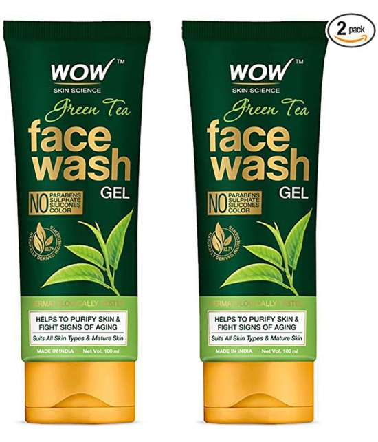 WOW Skin Science Green Tea Face Wash Gel - For Purifying Skin - No Parabens, Sulphate, Silicones & Color Pack of 2 Vol. 200mL