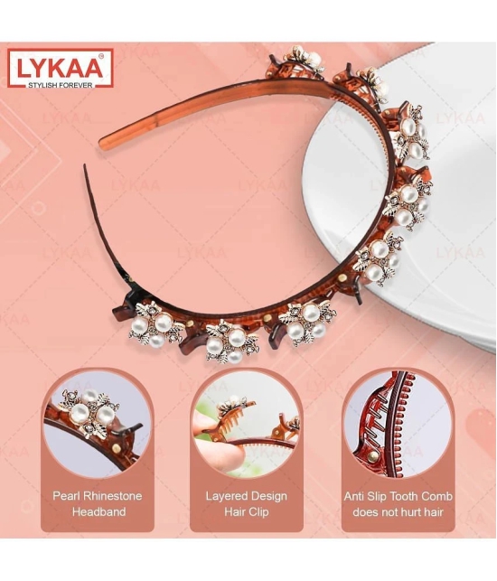 LYKAA Stylish Braided Double Layer Twist Plait Plastic Headband with Elegant Flower For Girls - 1Pcs - Brown