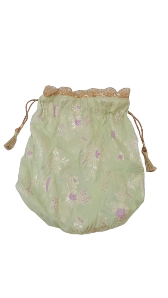 Green and gold brocade drawstring bag