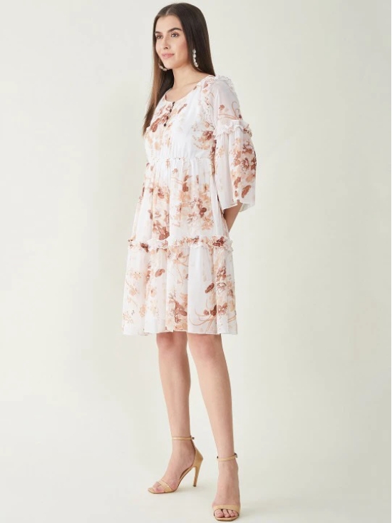 Floral Printed Bell Sleeves Ruffled Detail A-Line Dress