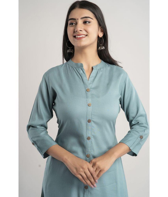 MAUKA - Turquoise Rayon Women''s Front Slit Kurti ( Pack of 1 ) - None