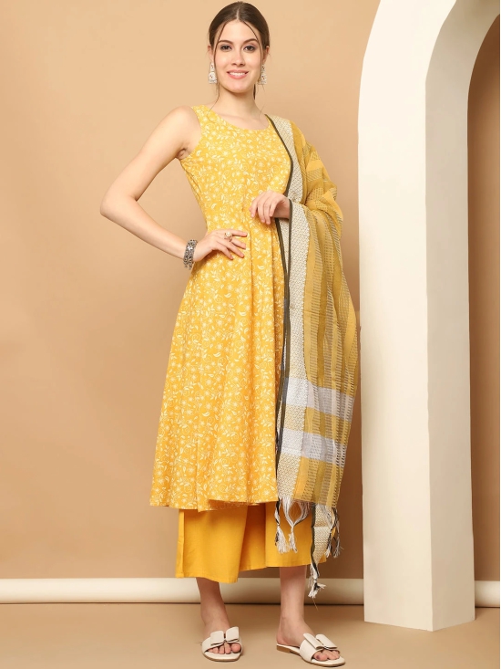 Printed yellow flared kurta pallazos dupatta set-M / Yellow