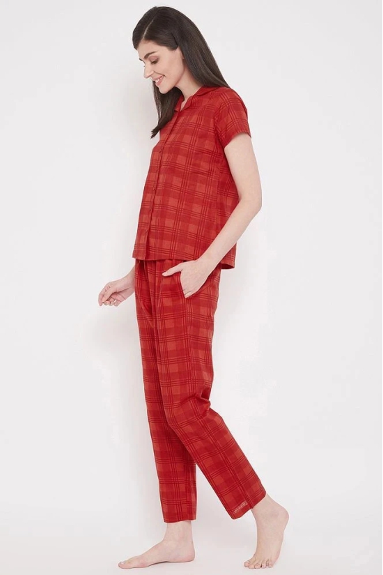 Clovia Cotton Blend Nightsuit Sets - Red - None