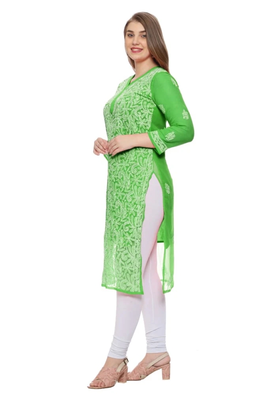 Lavangi Women Lucknow Chikankari Mehndi Green Georgette Kurti with Matching Cotton Inner