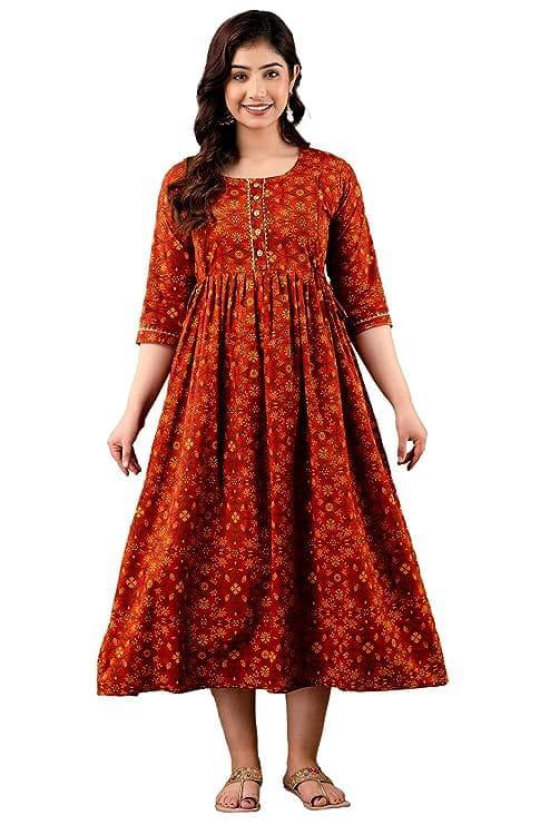 KASHVI Creation Women's Cotton Floral Printed Anarkali Maternity Feeding Kurta (Dark Orange)