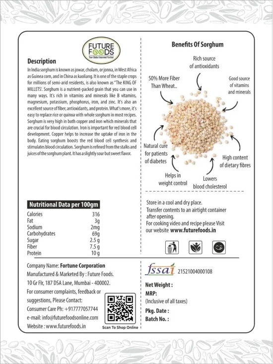 Future Foods Premium Sorghum Flour | Subtle Sweet-Sour Taste | Gluten Free | Rich Source of Antioxidants | Dietary Fiber Rich | Ideal for Diabetic Patients | 450g