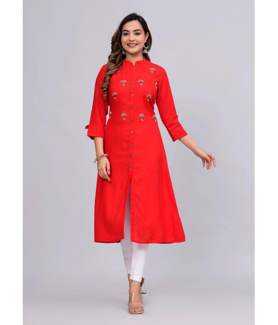 MAUKA Rayon Embroidered Front Slit Womens Kurti - Red ( Pack of 1 ) - None