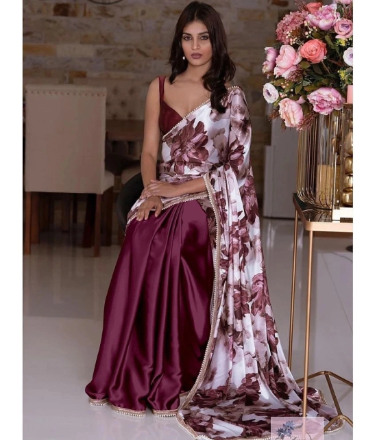 Apnisha Satin Printed Saree With Blouse Piece - Wine ( Pack of 1 ) - Wine