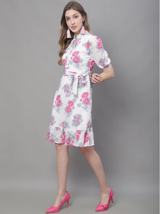 MINI & MING Floral Print Tie-Up Neck Georgette Blouson Dress