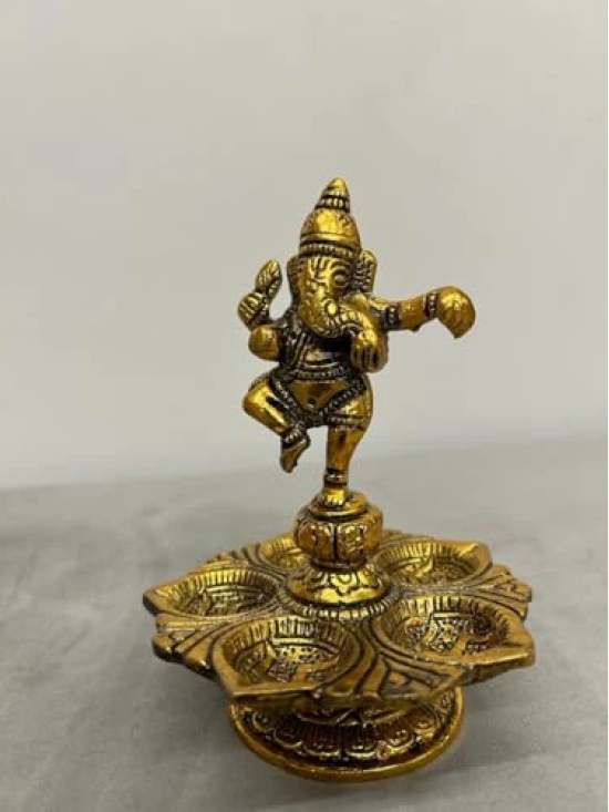 Aarna Creations Hand Crafted Metal Ganesha/Peacock with Panch Diya | Antique Decorative Diya Stand | 5 Diya Stand (Peacock Panch Diya Stand)