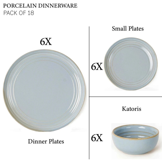 Handcrafted Chip Resistance Porcelain Dinner Set, 18 Pieces Dish Set Serving for 6, Microwave and Dishwasher Safe, Bone-ash Free, Crockery Set for Dining and Gifting, Arctic Blue