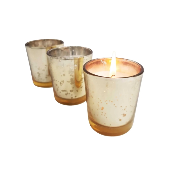 Gold Glass Votive with Scented Soy Wax - Mogra, Sandalwood, Rose