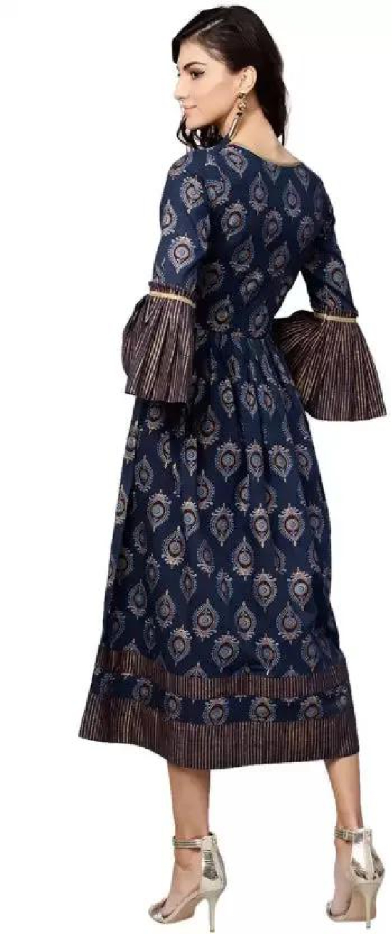 Navy Blue & Golden Ethnic Motifs Printed Cotton Ethnic Fit & Flare Midi Dress For Women-Large