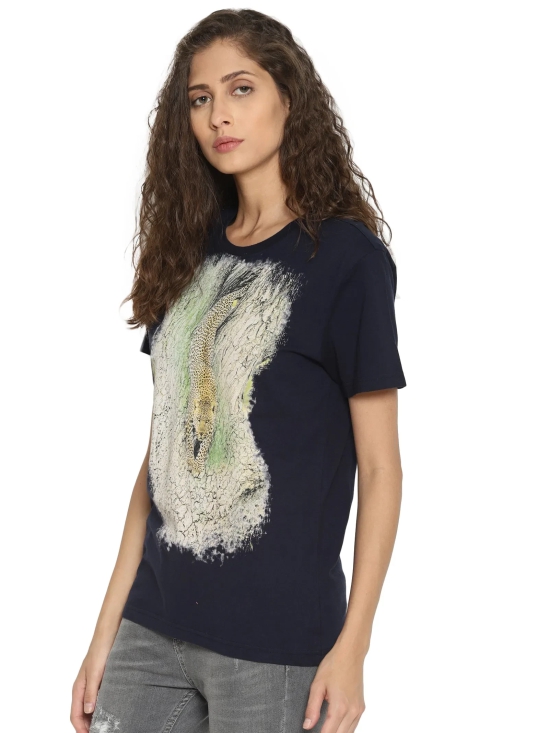 Wolfpack Leopard Down Navy Blue Printed Women T-Shirt-S