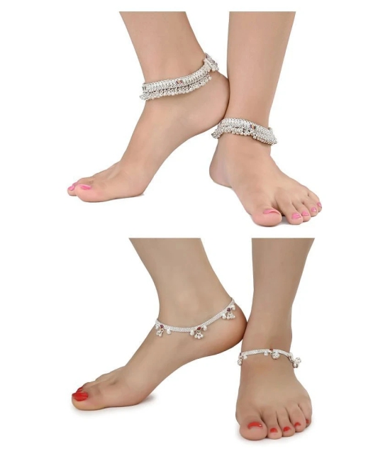 AanyaCentric Combo of 2 Pair Silver Plated White Metal Indian Traditional Ethnic Payal Anklets - Silver