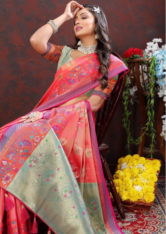 Peach Kanjivaram Silk Woven Design with Zari Weaving Saree