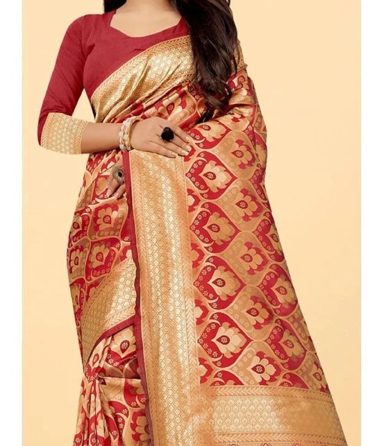 Gazal Fashions - Red Banarasi Silk Saree With Blouse Piece ( Pack of 1 ) - Red