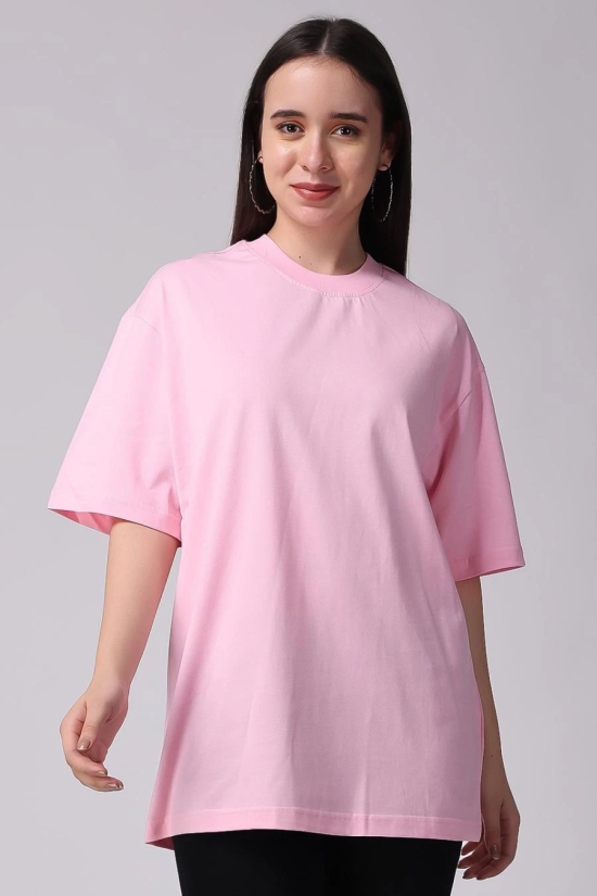 Womens Pink Plain Oversized Drop Shoulder T-Shirt-XL / Pink