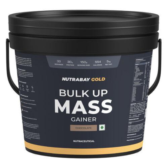 Nutrabay Gold Bulk Up Mass Gainer Powder - 5kg, Chocolate | 30g Protein, 104g Carbs, 554 Calories | Easy to Digest | 100% Veg Muscle Building & Weight Gainer Supplement for Men & Women