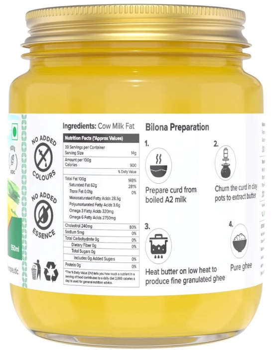 Farm Naturelle-A2 Desi Ghee Cow from Grass Fed Sahiwal Cows | Vedic Bilona Method-Curd Churned-Golden | Grainy & Aromatic, Keto Friendly, Non-GMO | Glass Jar- 500ml+50ml Extra and a Wooden Spoon.