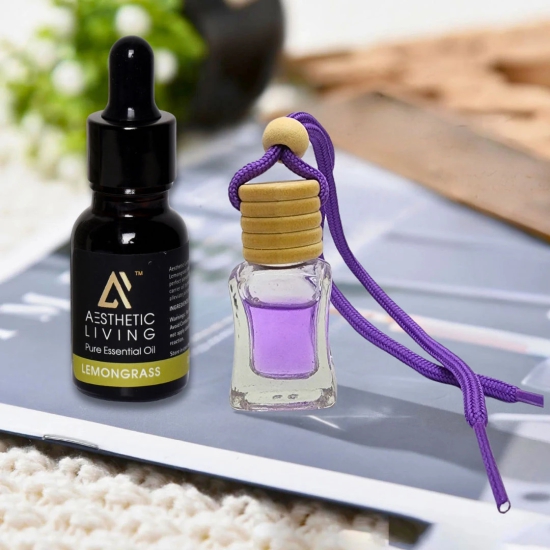 Aesthetic Living Car Aromatizer/ Diffuser Bottle with Essential Oil (Square Transparent Shape-8 ml+ Lemongrass Essential Oil, 15 ml)