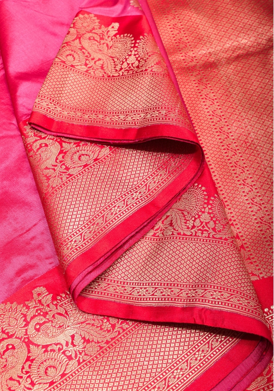 Peacock Butta Shikaargah Banarasi  Saree in Pink Dual Tone and Red | Silk Mark Certified